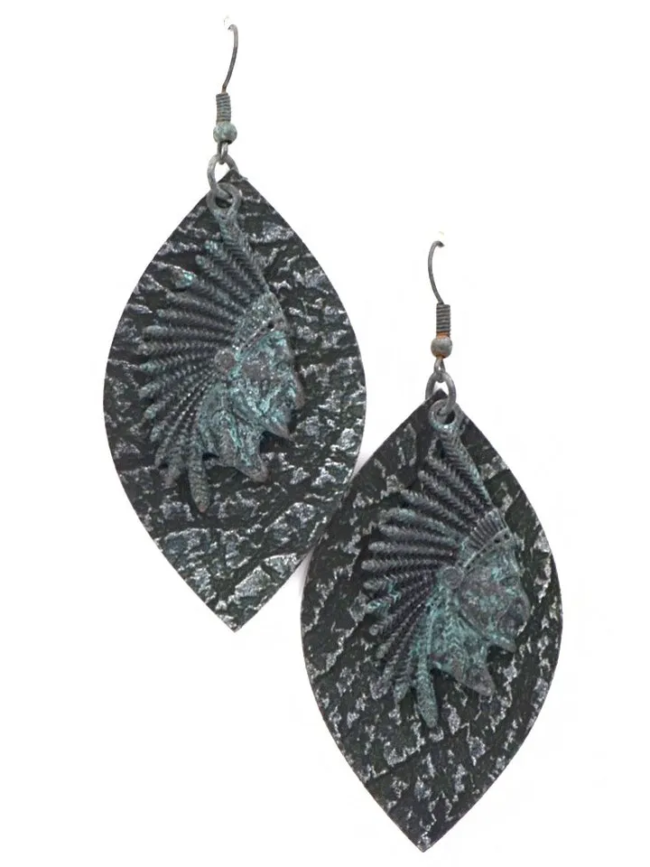 Montana West Leaf Shape Indian Head Earrings