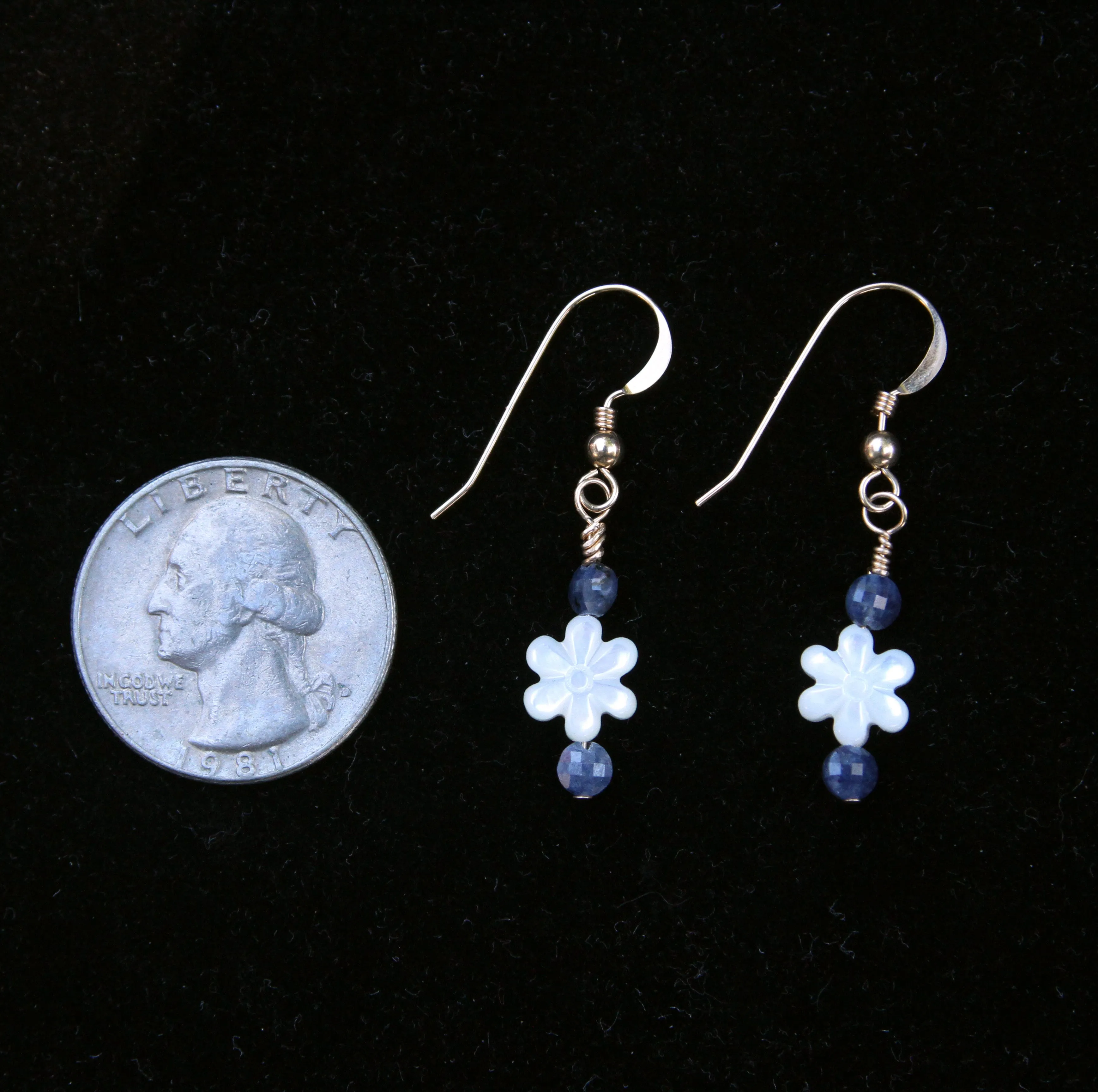 Mother of Pearl and Blue Sapphire with 14 Kt Gold Drop Earrings