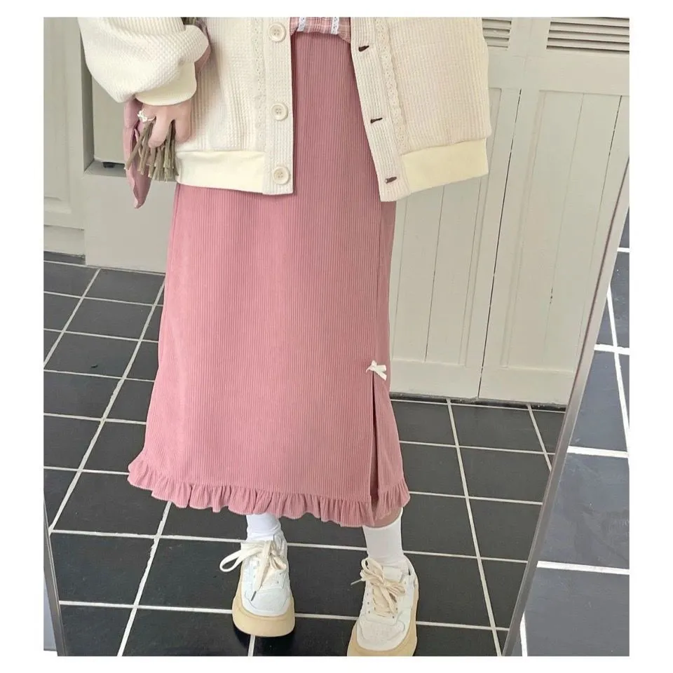 Pink Corduroy Skirt With Bow Detail