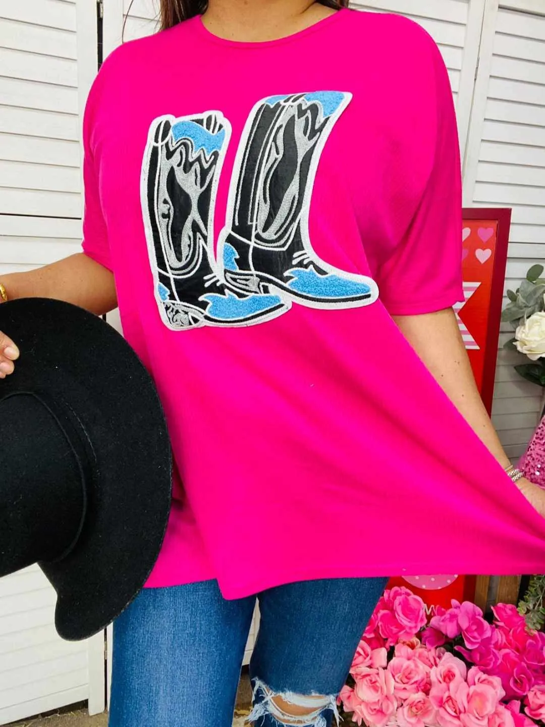 Pink Top with Cowgirl boots patch