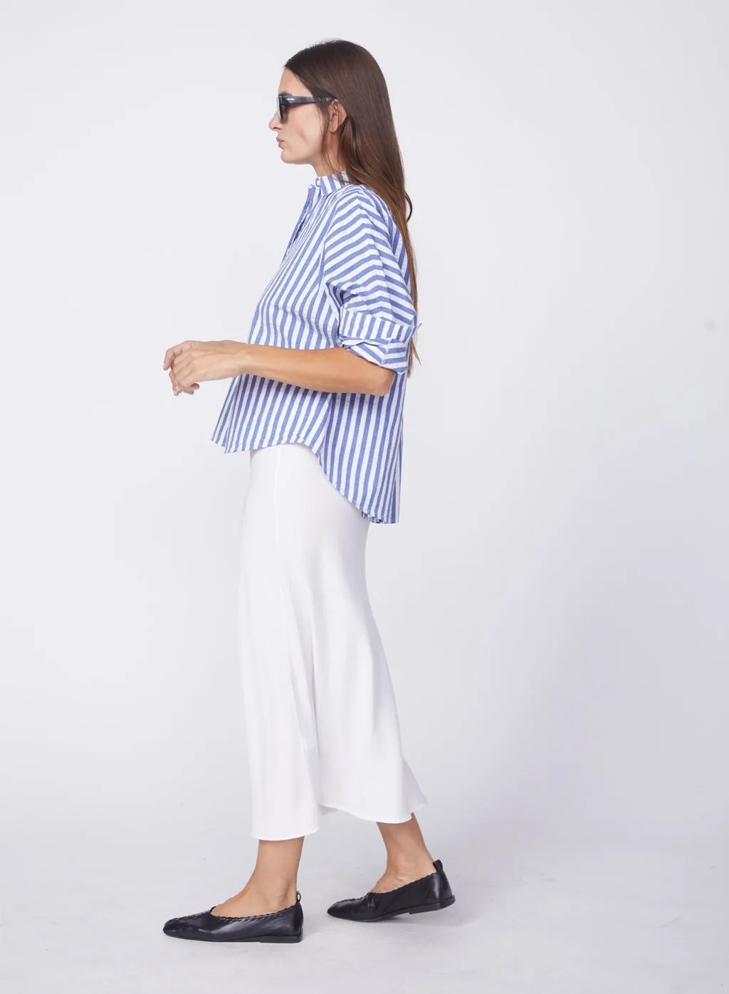 Puckered Stripe Dolman Shirt in Navy Stripe