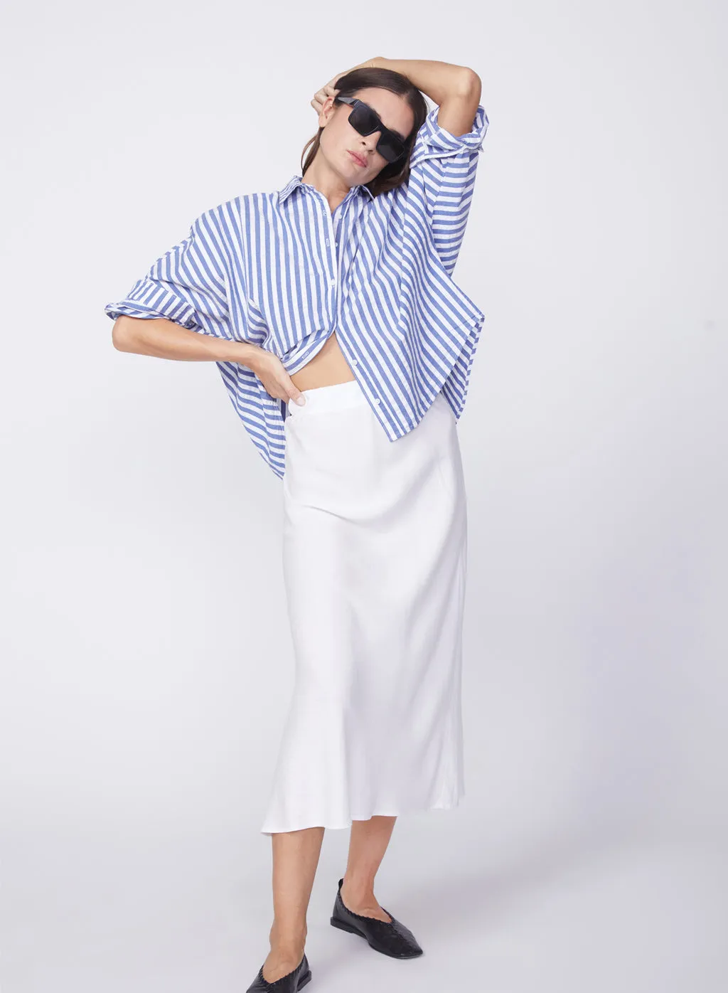 Puckered Stripe Dolman Shirt in Navy Stripe