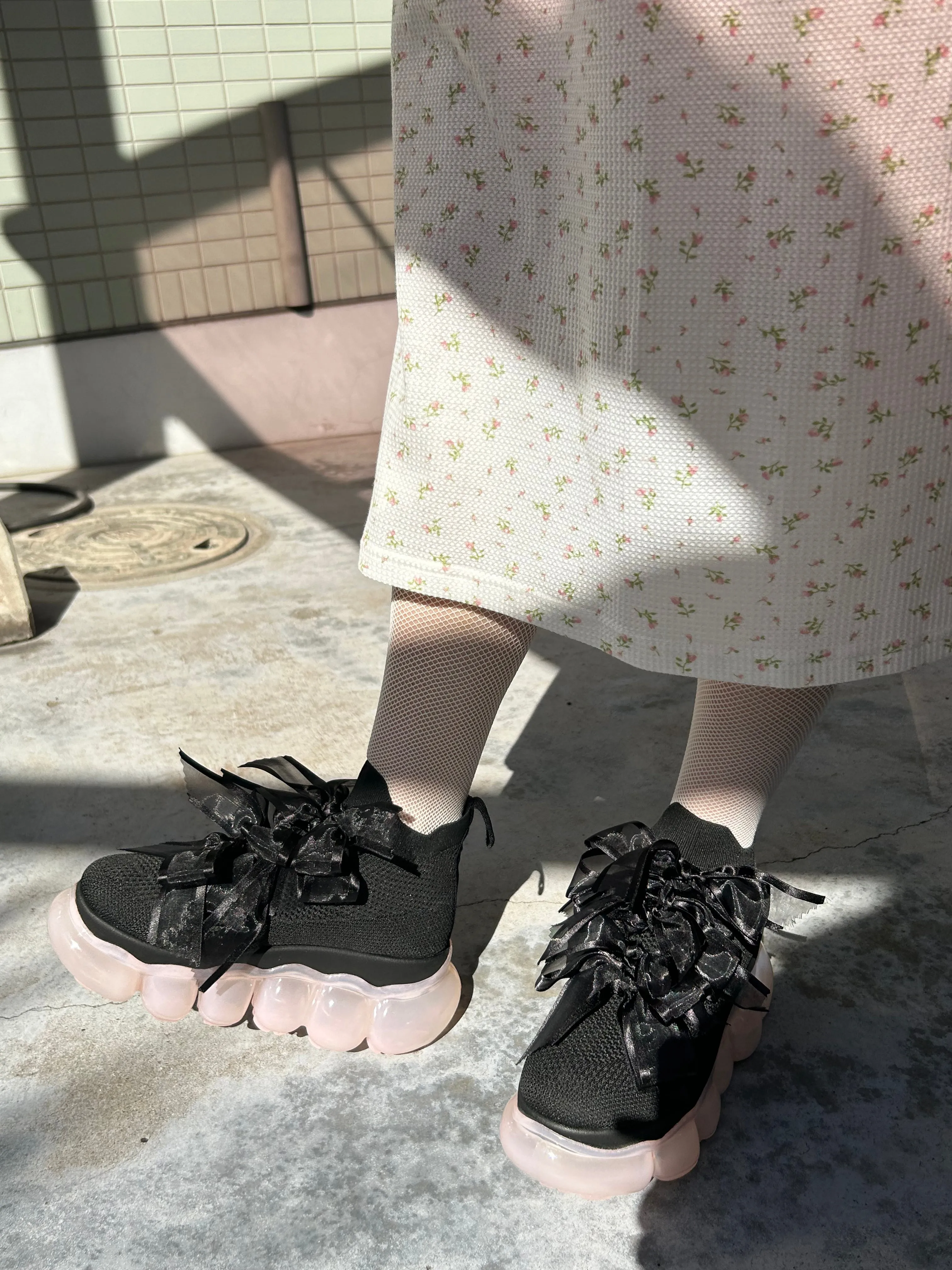 "Jewelry" High  Ribbon Shoes / Pink Black