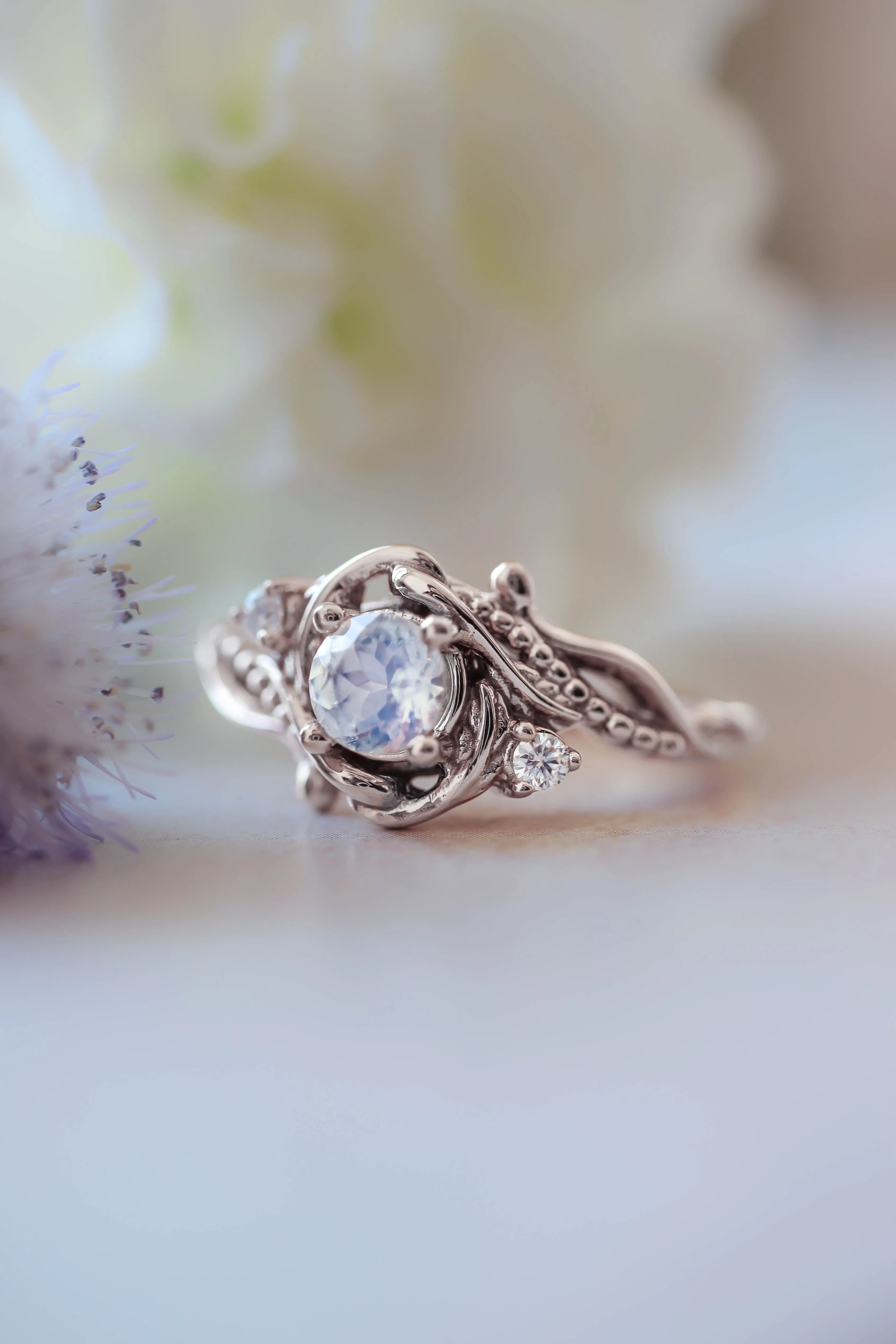 Rainbow moonstone engagement ring with diamonds / Undina