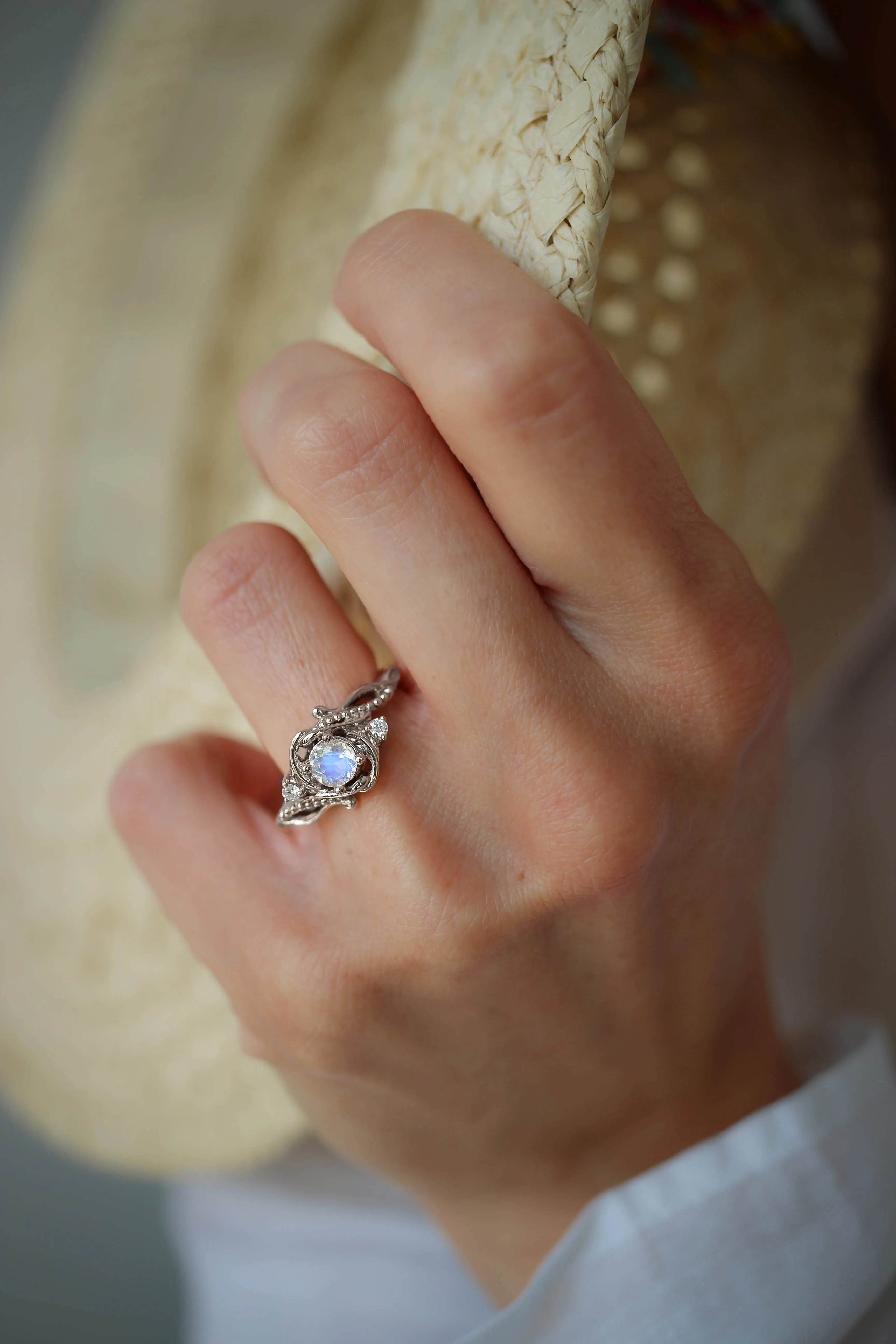 Rainbow moonstone engagement ring with diamonds / Undina