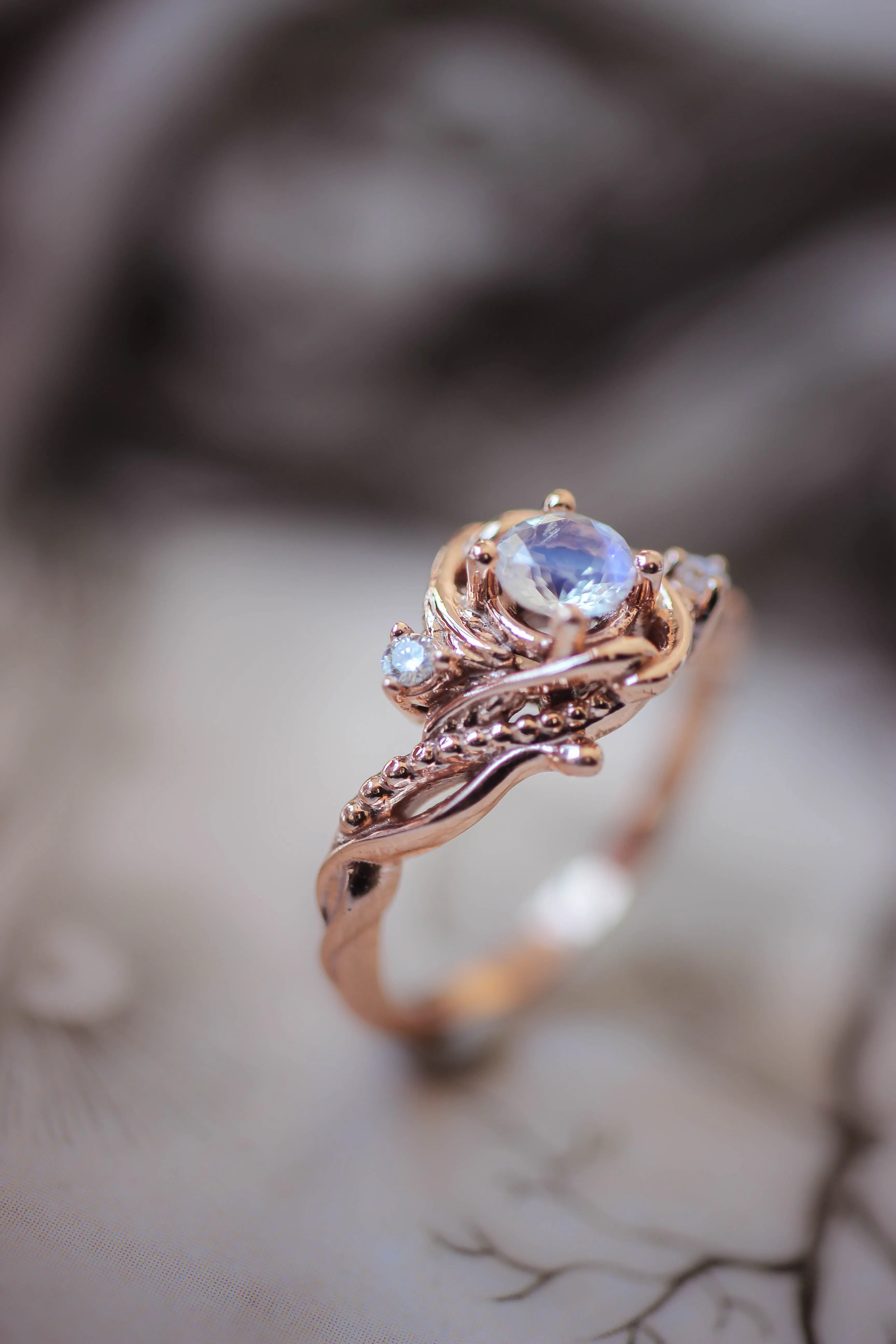 Rainbow moonstone engagement ring with diamonds / Undina