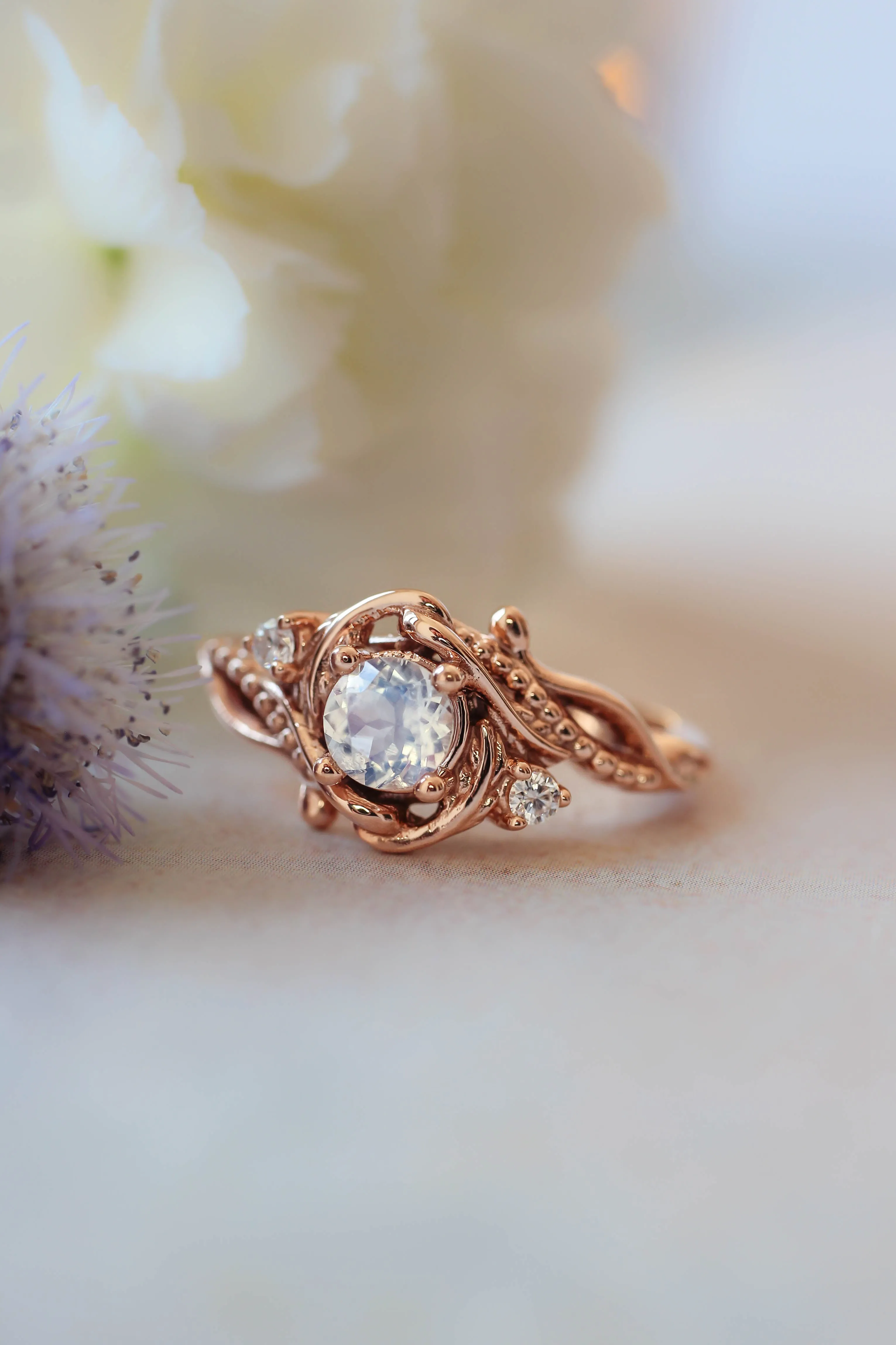 Rainbow moonstone engagement ring with diamonds / Undina