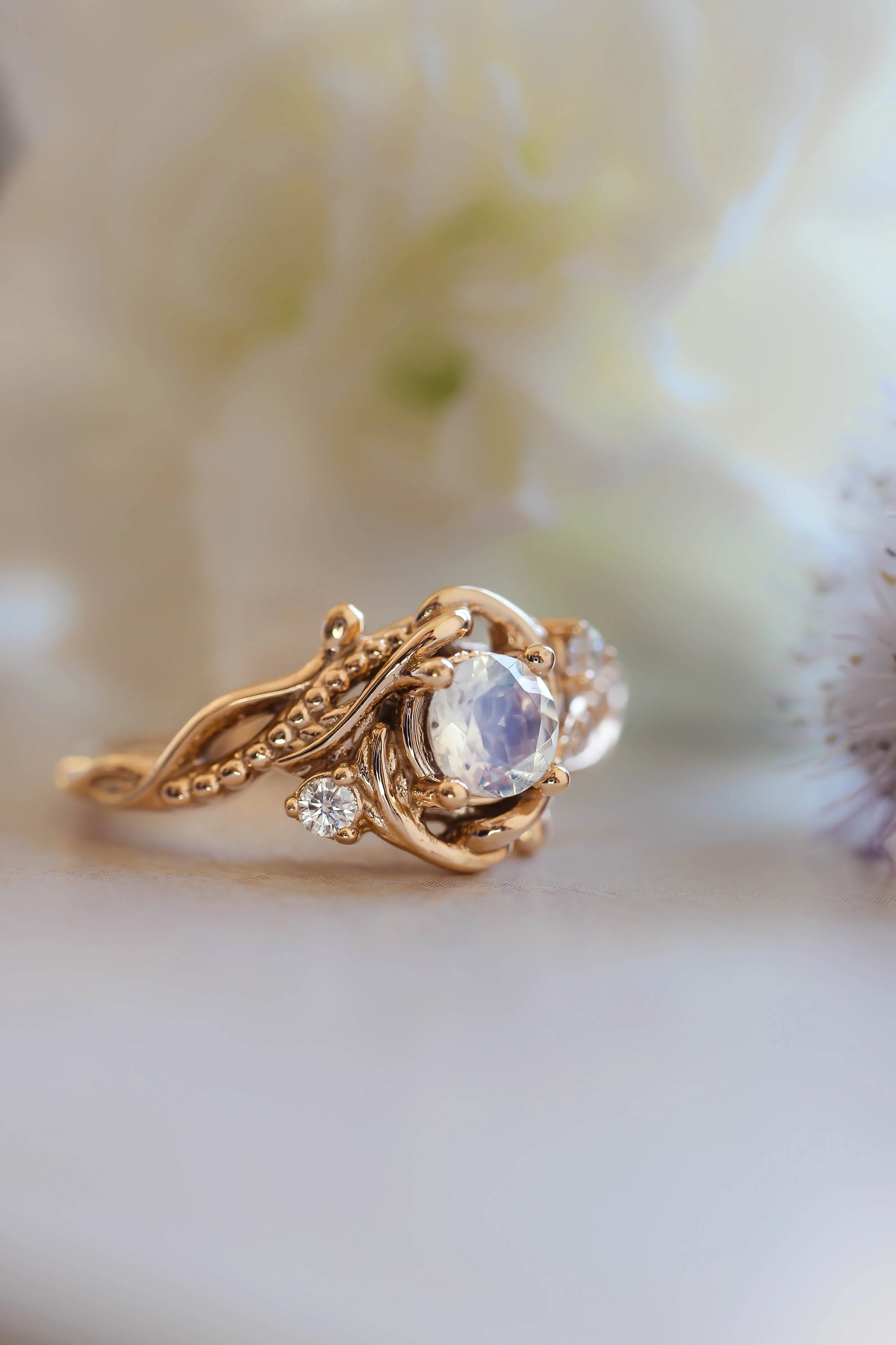 Rainbow moonstone engagement ring with diamonds / Undina