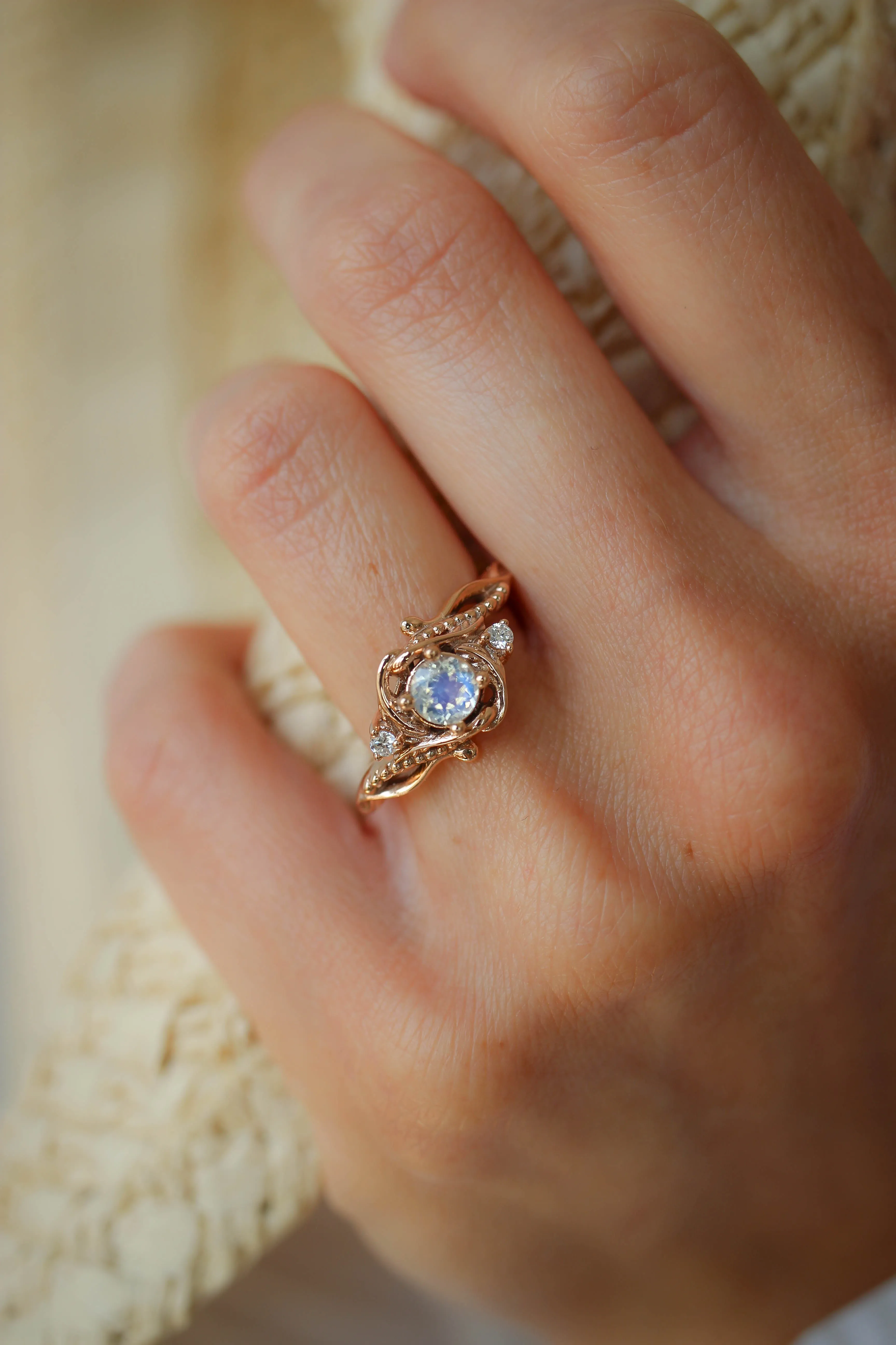 Rainbow moonstone engagement ring with diamonds / Undina