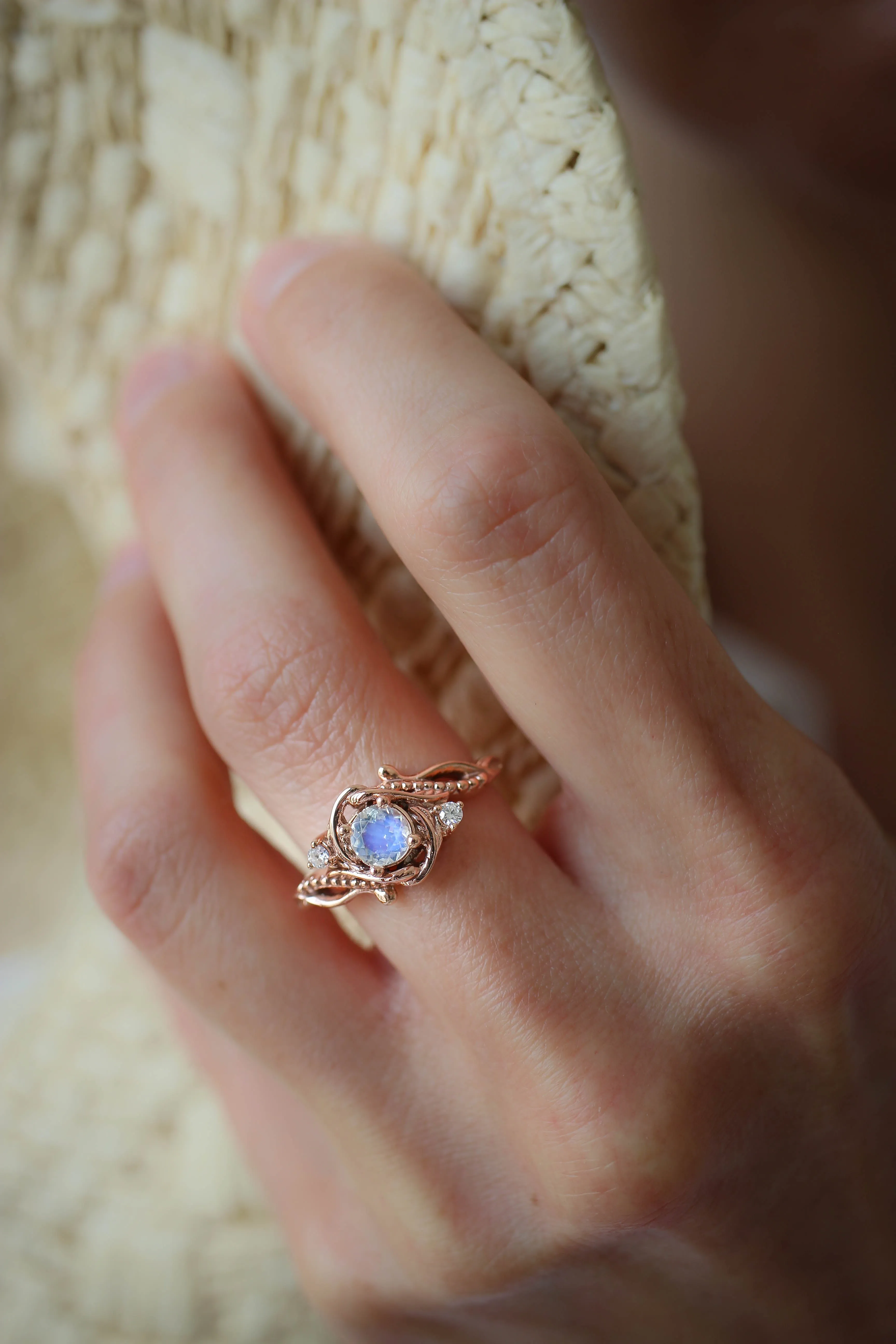 Rainbow moonstone engagement ring with diamonds / Undina