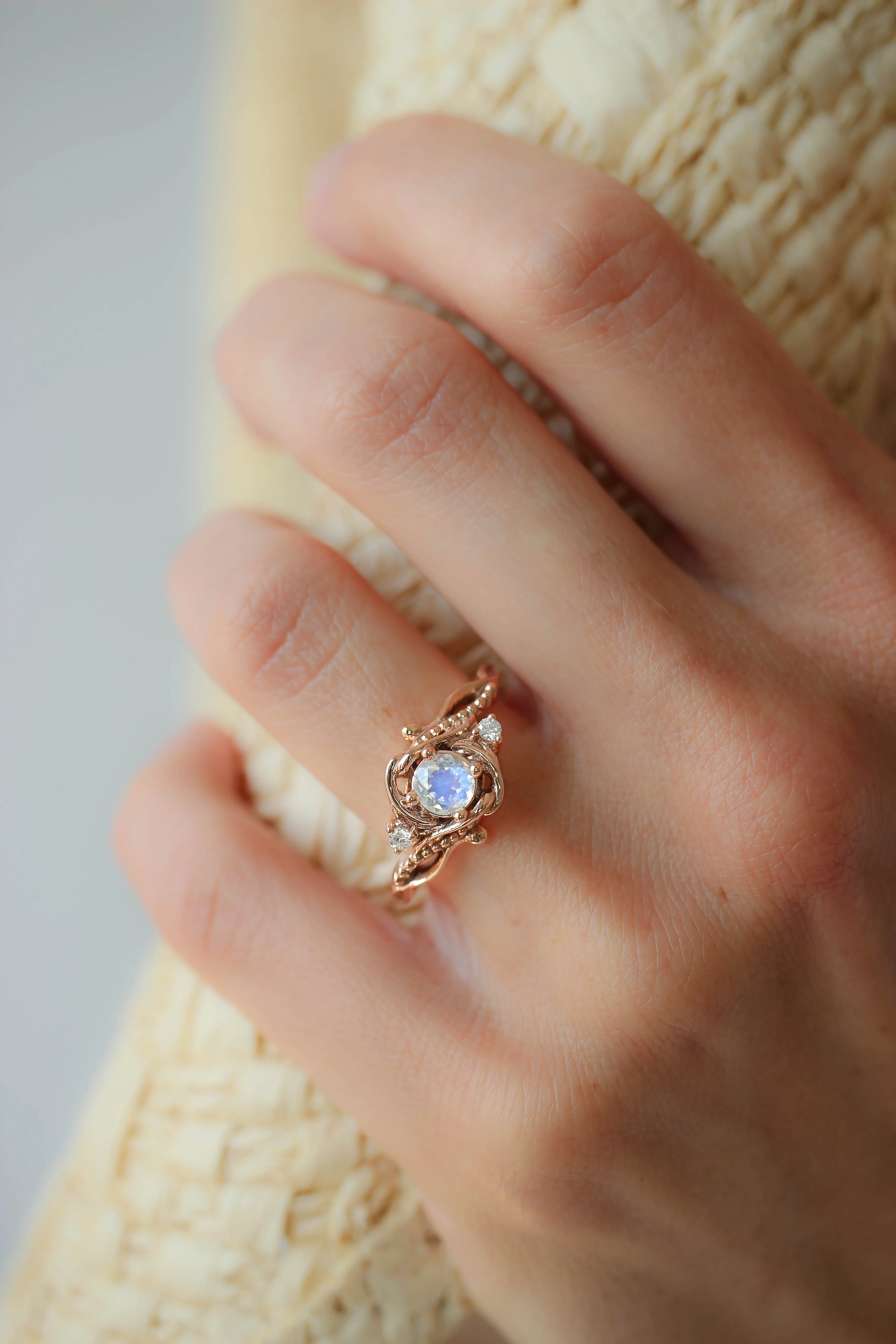 Rainbow moonstone engagement ring with diamonds / Undina