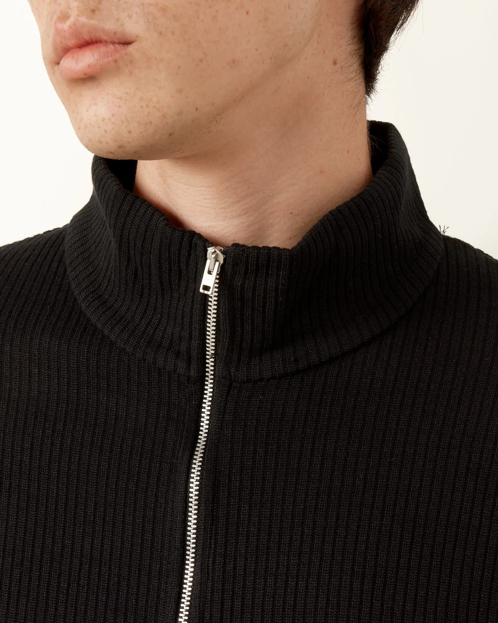 Shrunken Full Zip Polo in Black Rib