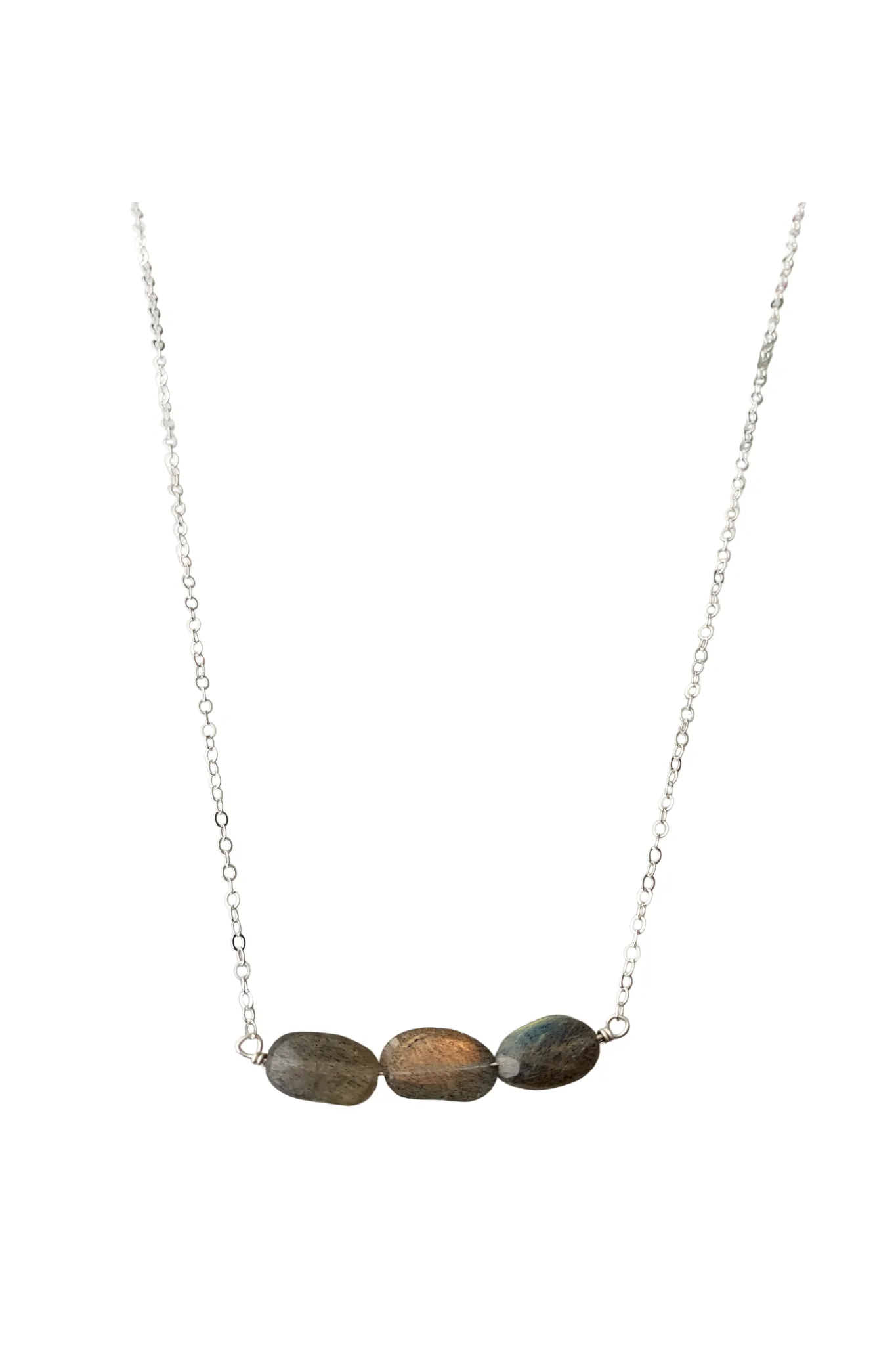 Sterling Silver 3 Oval Stone Labradorite Bar Necklace