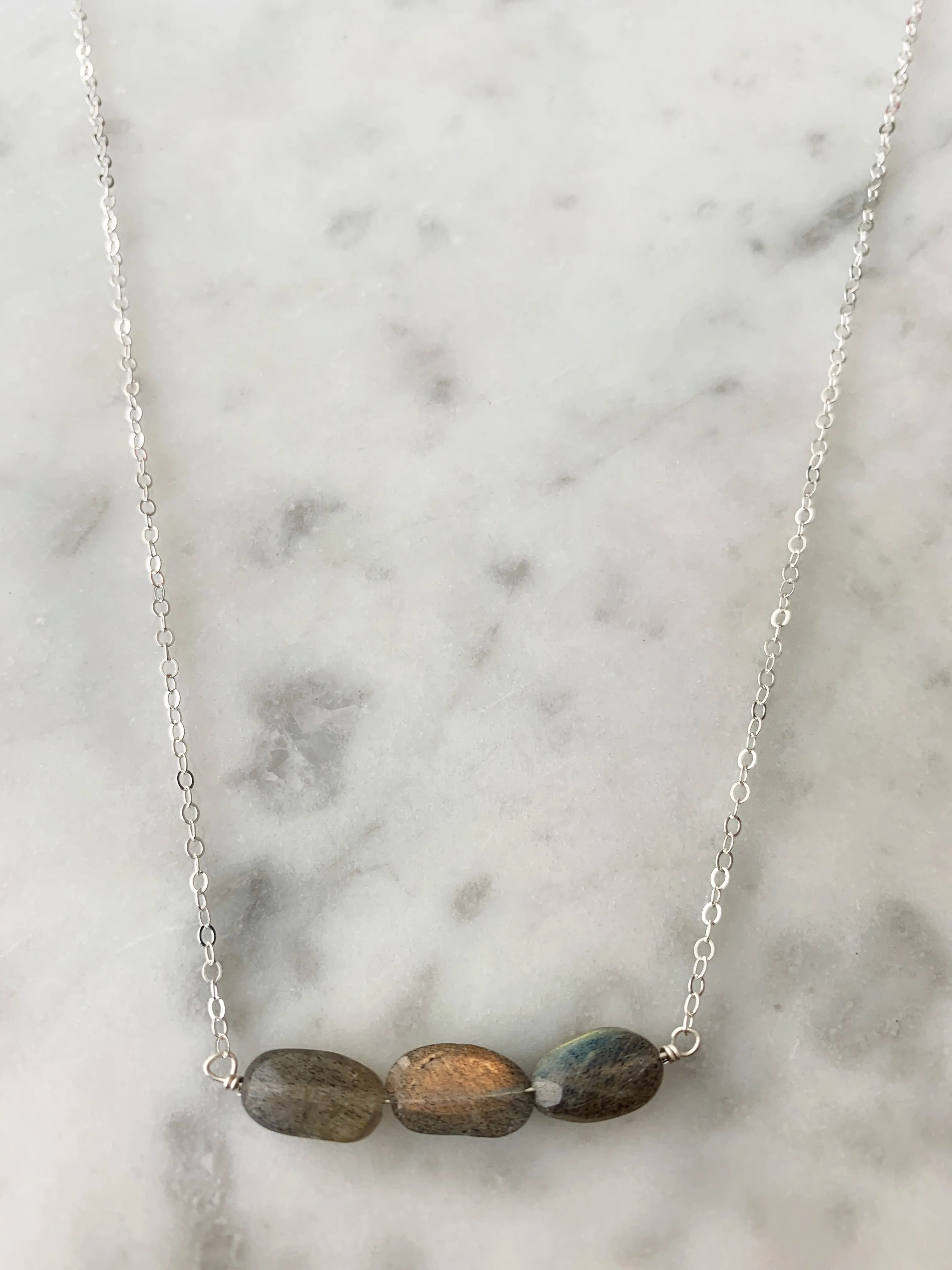 Sterling Silver 3 Oval Stone Labradorite Bar Necklace