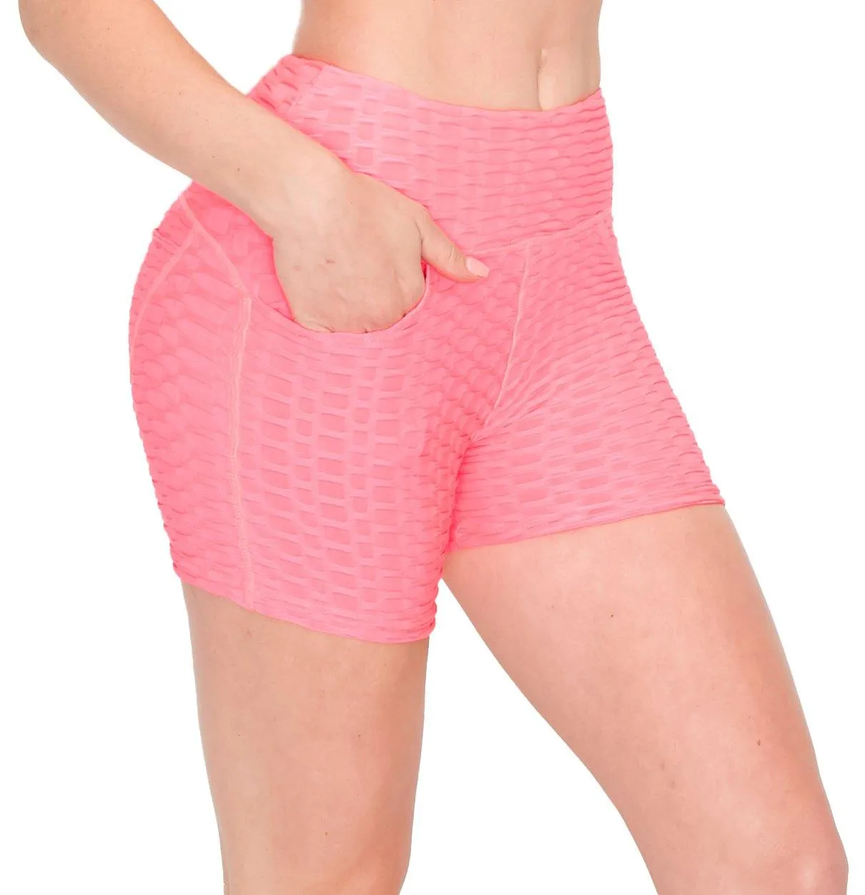 Textured Booty Yoga Shorts - High Waist Compression Slimming Butt Lift Short Pants with Pockets