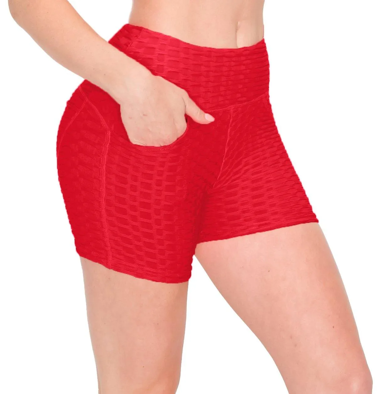 Textured Booty Yoga Shorts - High Waist Compression Slimming Butt Lift Short Pants with Pockets