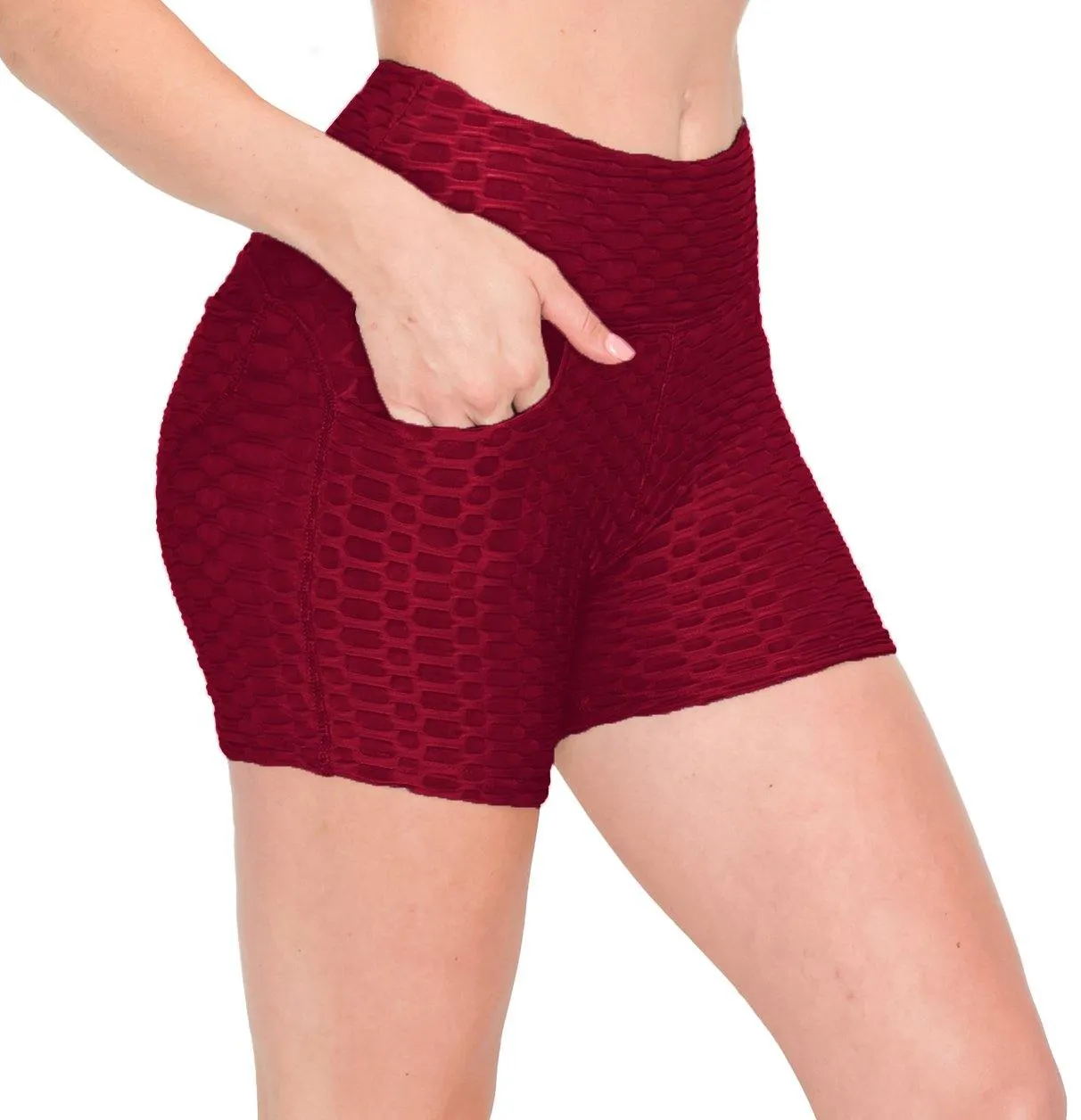 Textured Booty Yoga Shorts - High Waist Compression Slimming Butt Lift Short Pants with Pockets