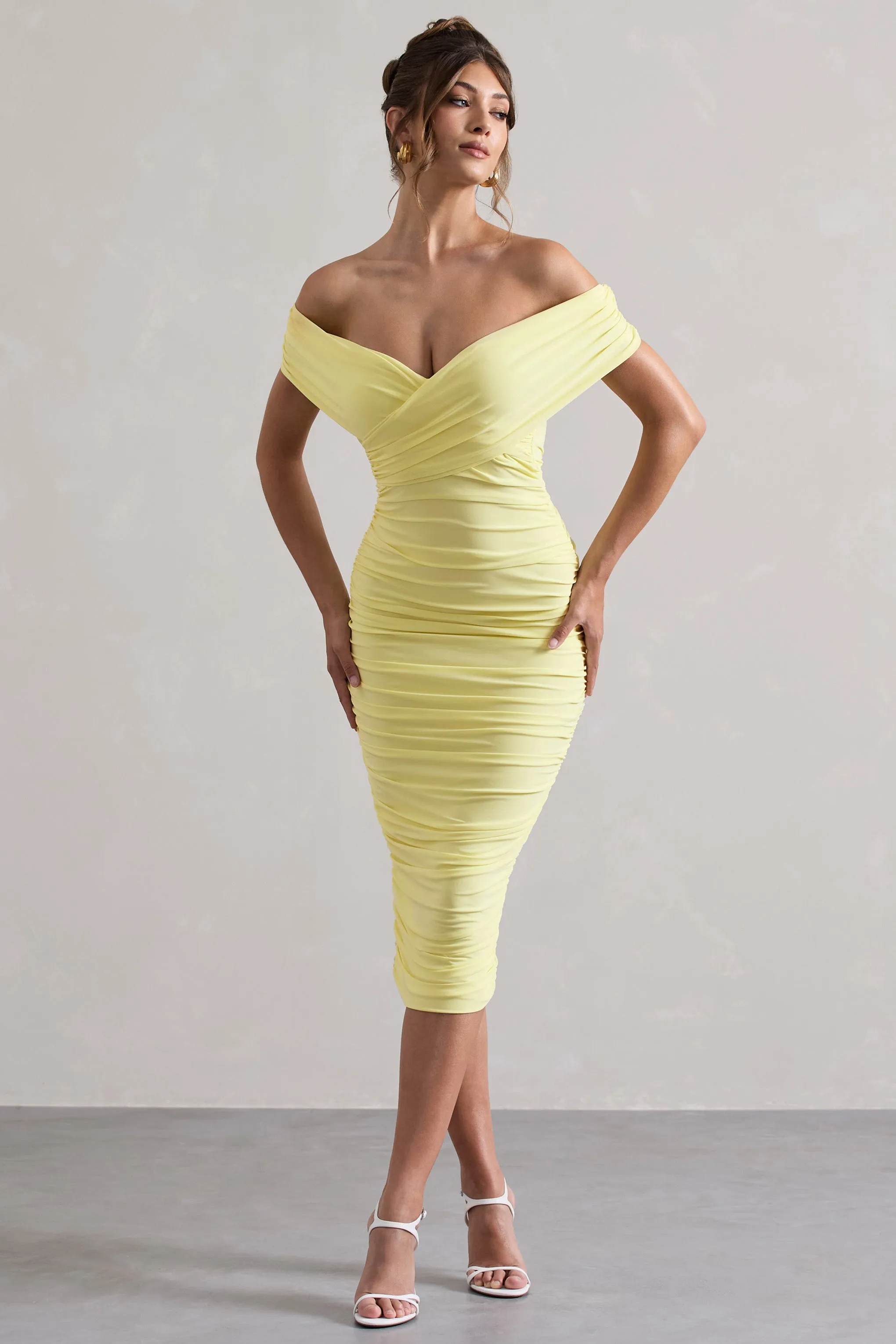 Unwrapped | Lemon Ruched Twist Bardot Midi Dress