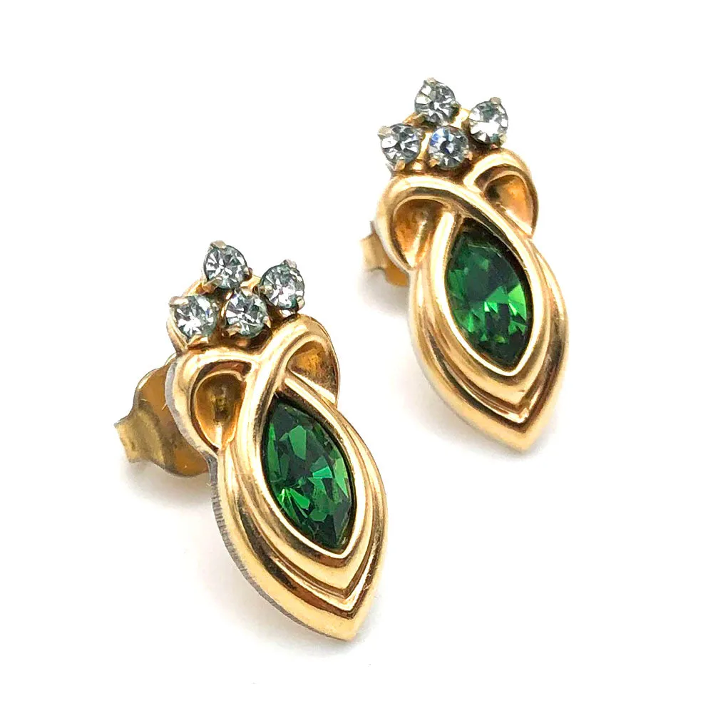 【USA輸入】ヴィンテージ グリーン ラインストーン ピアス/Vintage Green Rhinestones Post Earrings