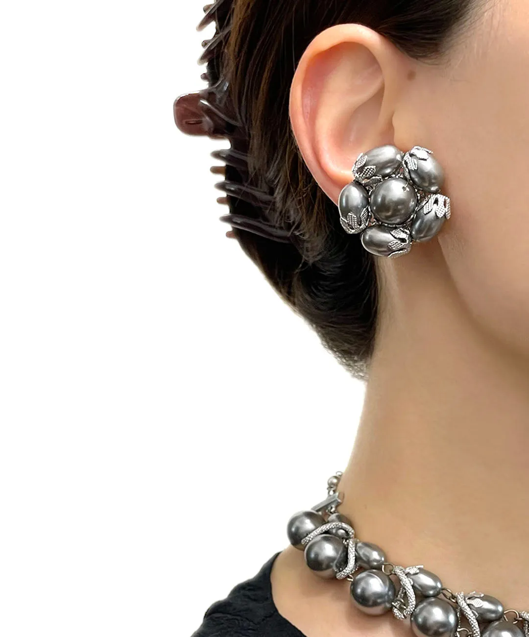 【USA輸入】ヴィンテージ グレーパール ウィングバック イヤリング/Vintage Gray Pearl Wingback Earrings