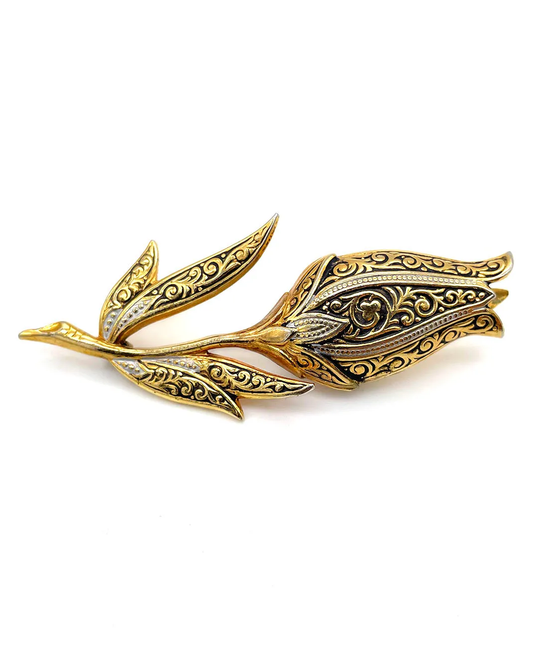 【USA輸入】ヴィンテージ ダマシン チューリップ ブローチ/Vintage Damascene Tulip Brooch