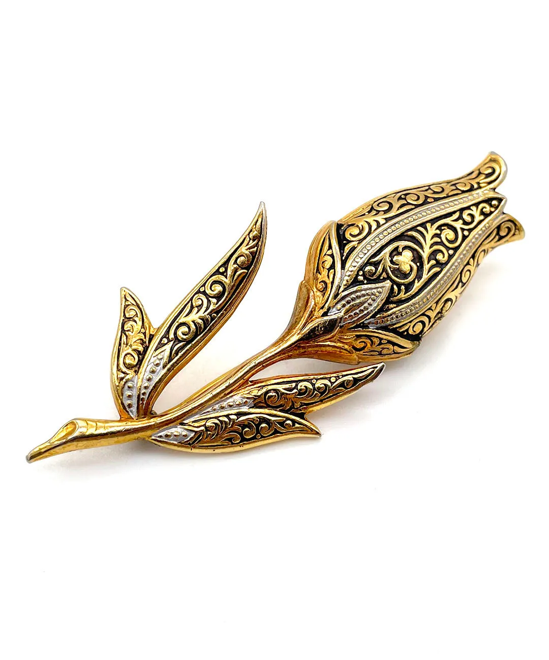 【USA輸入】ヴィンテージ ダマシン チューリップ ブローチ/Vintage Damascene Tulip Brooch