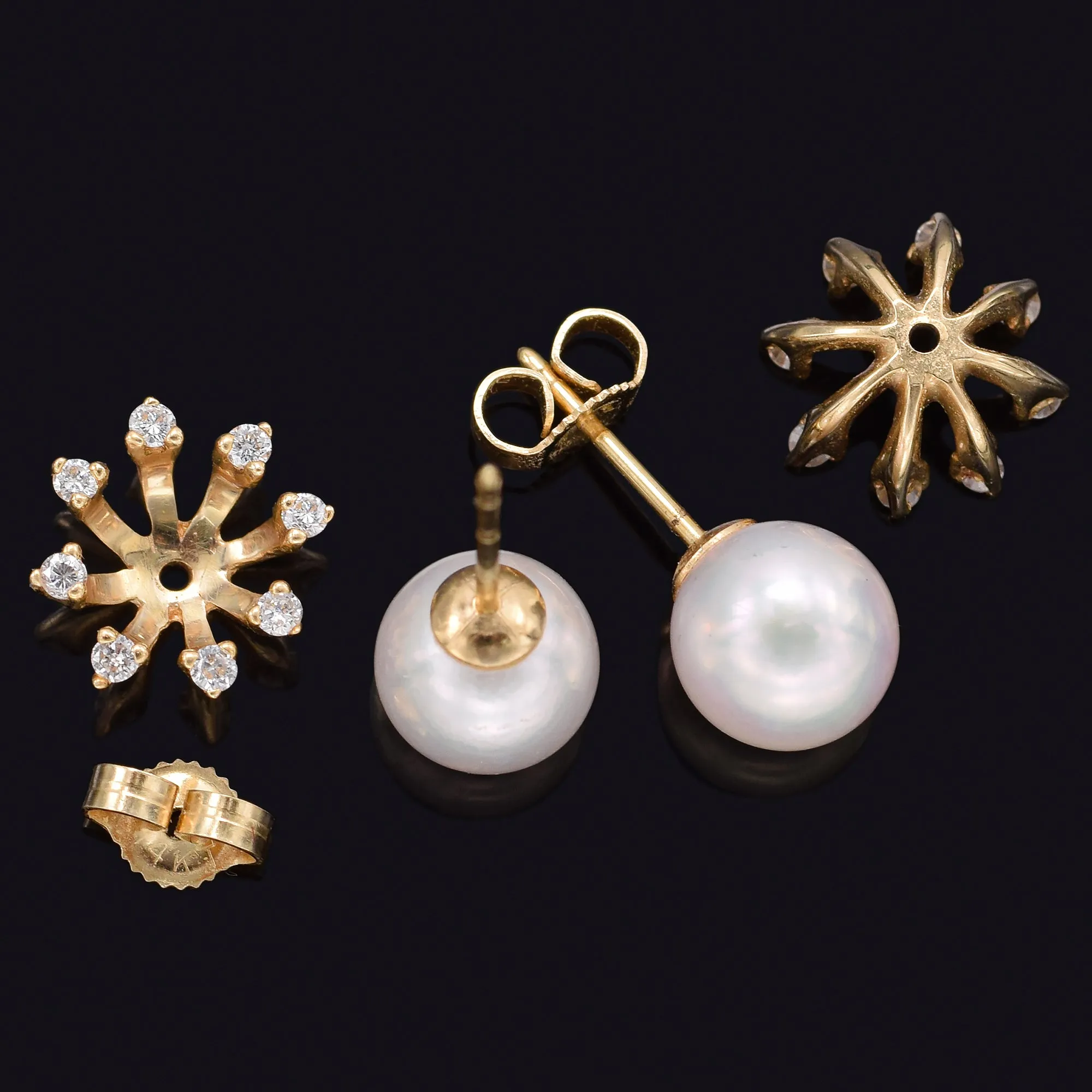 Vintage 14K Gold Sea Pearl & Diamond Ear Jacket Stud Earrings 2.9 Grams