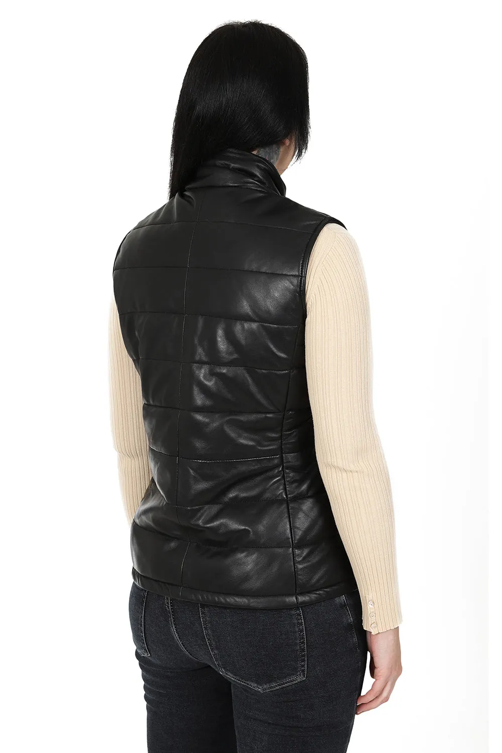 Women's Black Quilted Leather Gilet - SAMANTHA