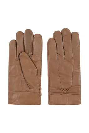 Women's Tan Genuine Leather Gloves with Bow